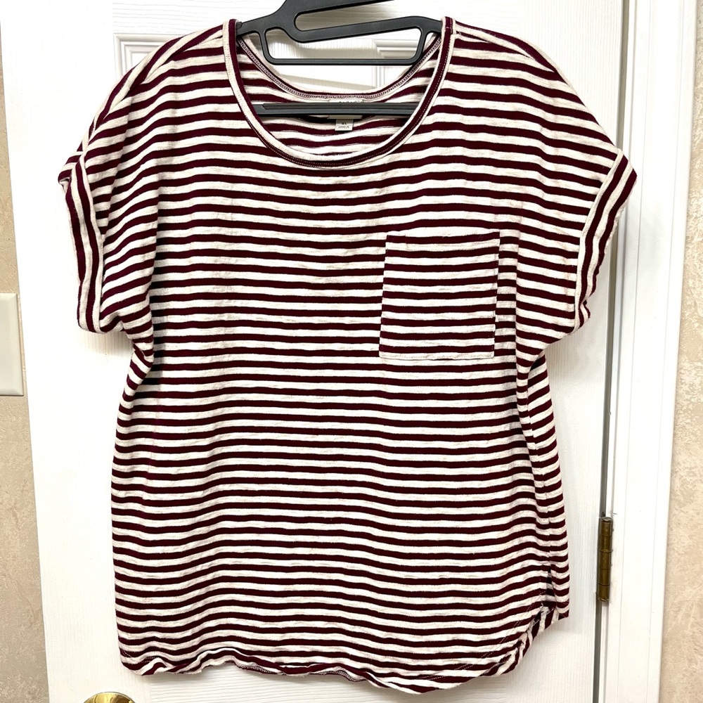 XL Burgundy & White Stripped Blouse with Cuffed Sleeves